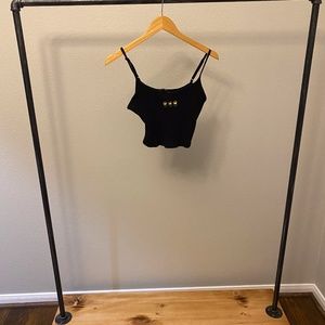 Black Tank Top with Sunflowers- cropped, embroidered